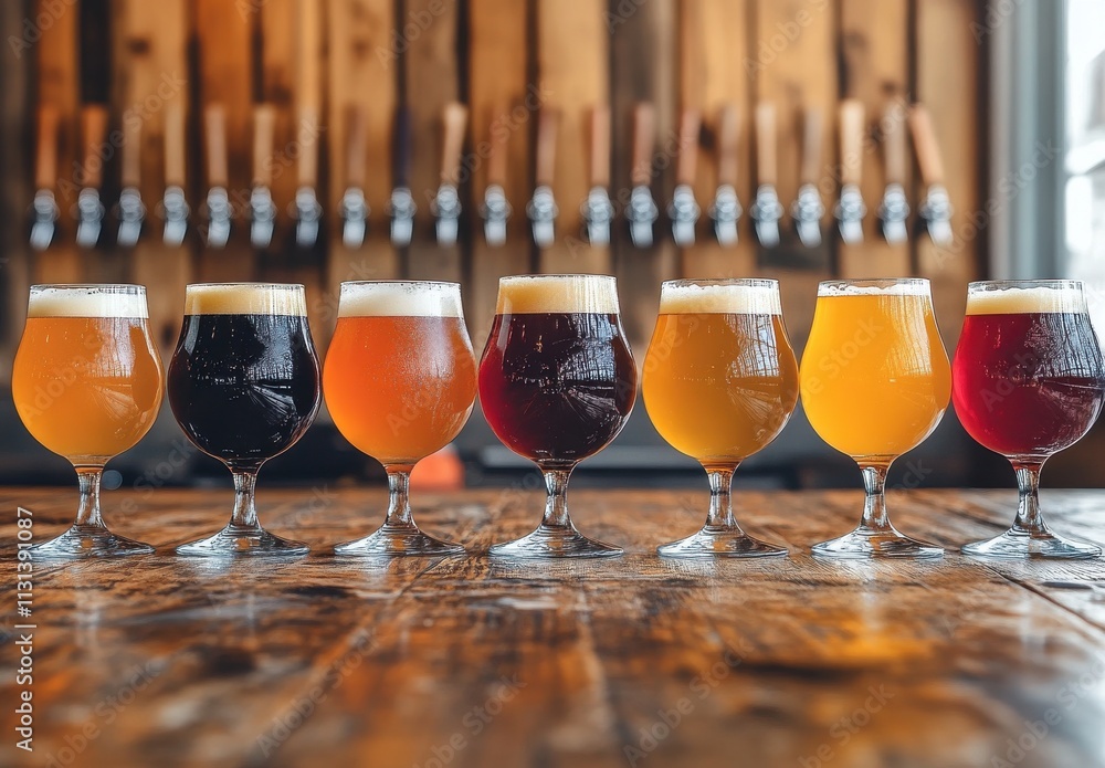 Aufkleber a colorful array of craft beers displayed in elegant glasses on a rustic wooden table with a tasting