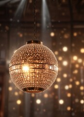Obraz premium A glittering crystal disco ball suspended from the ceiling with a warm and blurred bokeh of lantern light, bokeh, elegant decor, soft focus