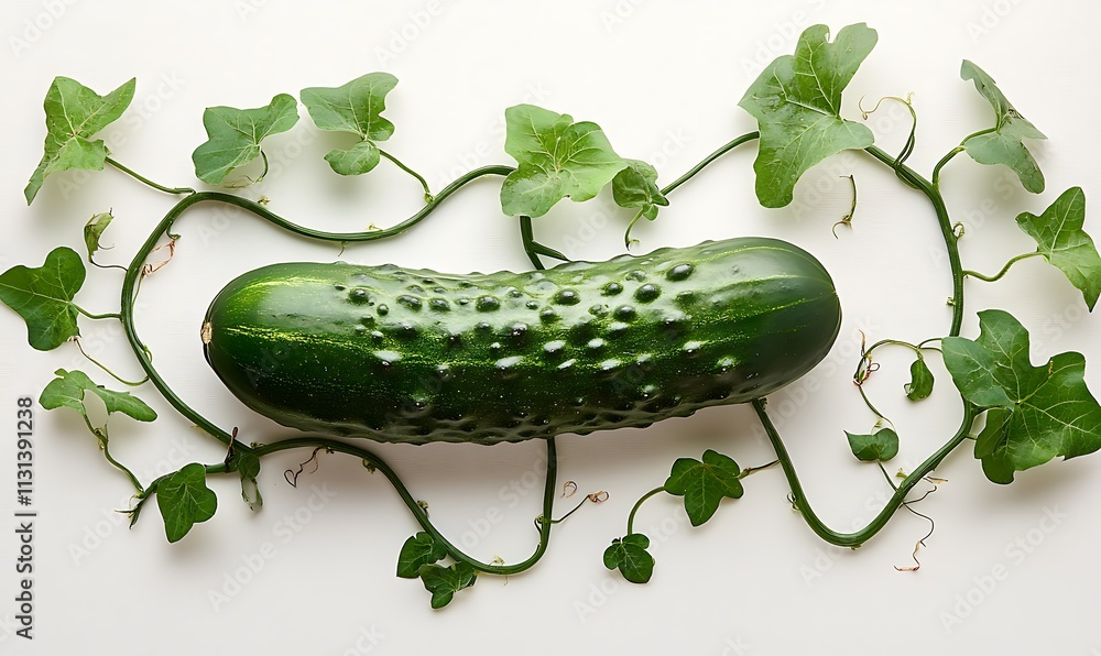 Aufkleber a bumpy green cucumber rests on a vine with leaves