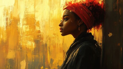 Fototapeta premium Golden Hour Portrait of a Pensive Black Woman in Red Headwrap.