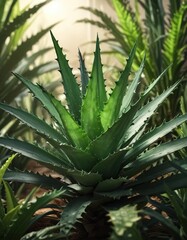 A lush aloe vera plant with thick green leaves in direct sunlight, indoor, relaxation