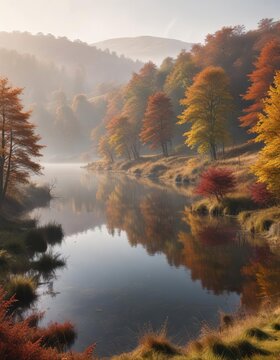 A misty autumn morning over an idyllic Yorkshire lake with surrounding hills and woodlands , misty dawn, scenery
