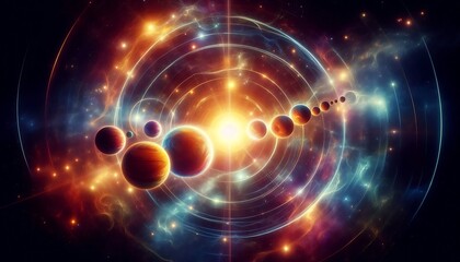 Obraz premium line of glowing planets aligned perfectly in celestial symmetry, surrounded by soft radiant light
