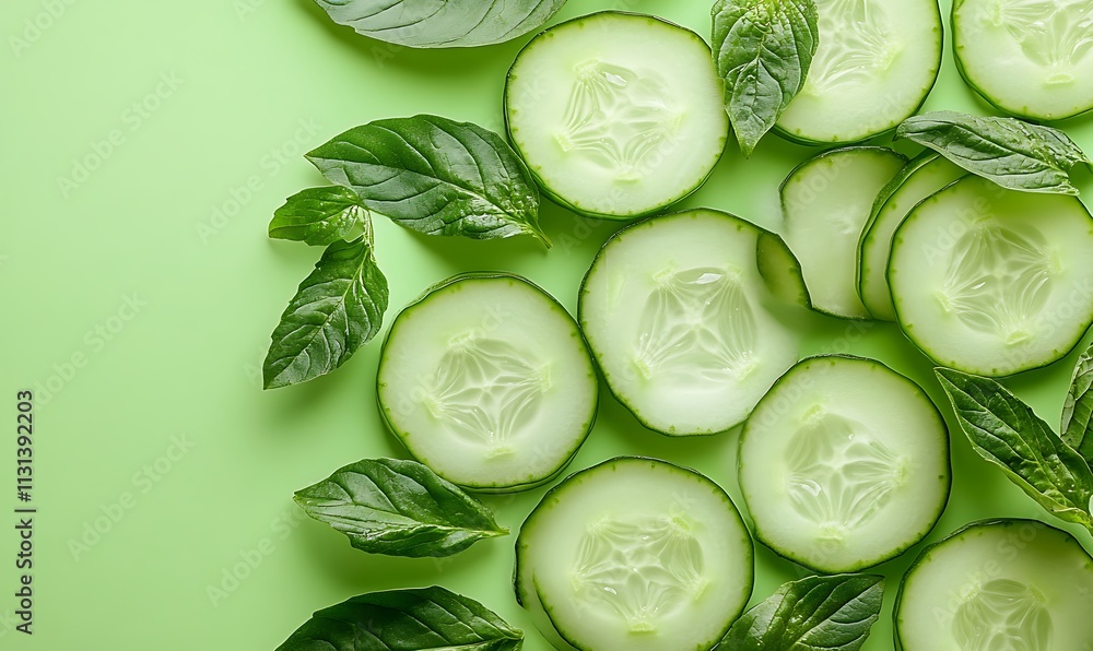 Poster sliced cucumbers and basil leaves arranged on a green background