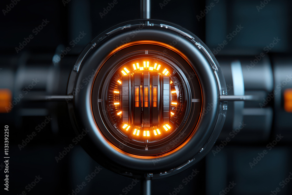 Poster close up view of futuristic artificial gravity generator with glowing orange lights, showcasing intr