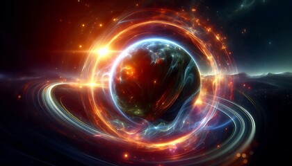 Obraz premium vibrant glowing planet encircled by dynamic cosmic rings illuminated by radiant light