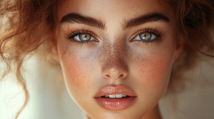 Fototapeta premium Striking close-up of a young woman with enchanting green eyes and natural freckles during golden hour, showcasing radiant skin and soft curls