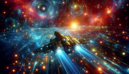 Fototapeta premium sleek glowing futuristic spacecraft navigating through dynamic space debris under vibrant celestial light