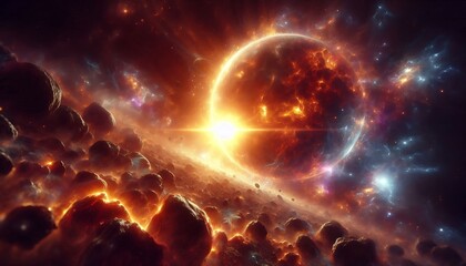 Fototapeta premium massive glowing star illuminating asteroid field surrounded by radiant cosmic light,generative ai