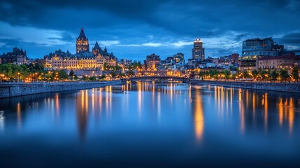 Fototapeta premium Evening cityscape reflection of Parliament Buildings in Ottawa, Canada.
