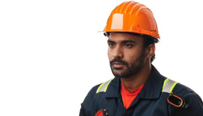 Risk safety Hispanic man in an orange hardhat on the right room for copy on the left, transparent background