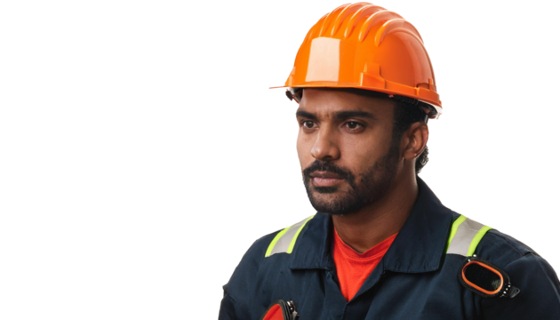 Risk safety Hispanic man in an orange hardhat on the right room for copy on the left, transparent background