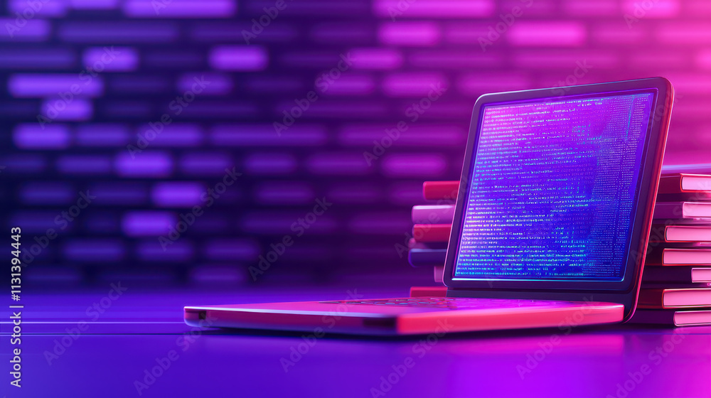 Poster laptop displaying code sits beside stack of books in vibrant setting