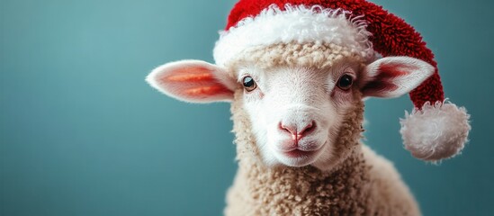 Cute sheep wearing Santa hat celebrates holiday season with festive cheer in cozy indoor setting