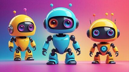 Colorful robots posing against a vibrant gradient background