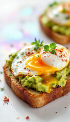 Delicious Avocado Toast with Runny Yolk and Fresh Green Garnishes