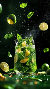 Thai nam manao, fresh limeade in a glass pitcher with mint leaves, Southeast Asian beverage, refreshingly simple