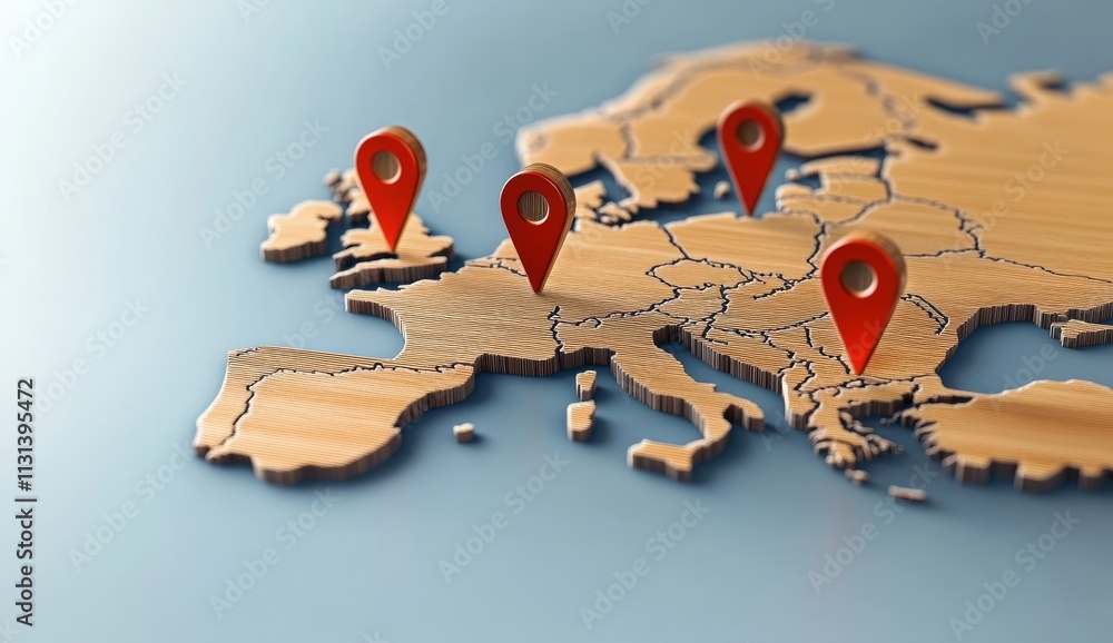 Poster 3d map of europe with red pins and connection lines