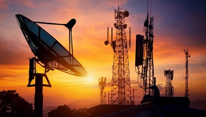 Generated image Silhouette of an abstract telecommunication tower Antenna and satellite dish at sunset sky