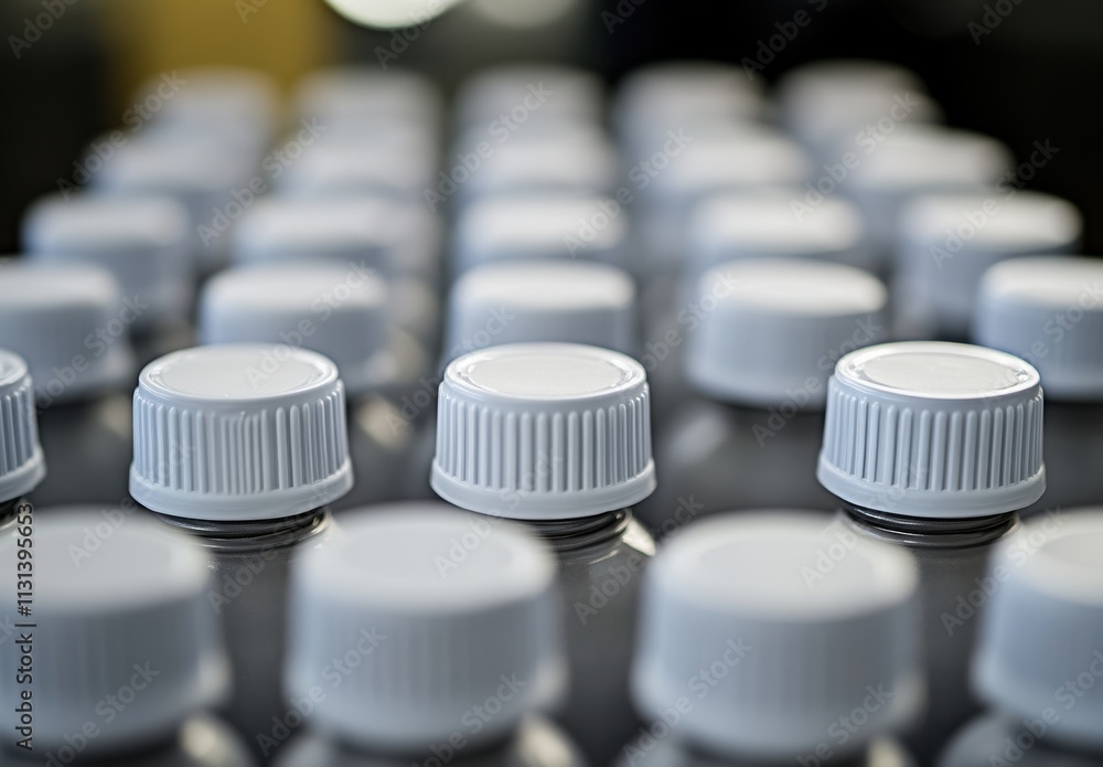 Poster close-up view of multiple plastic bottle caps arranged in neat rows on a production line surface in 