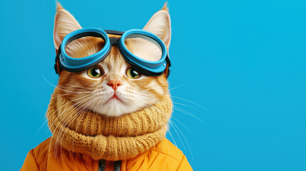 Fototapeta premium Cozy cat wearing goggles and warm jacket against blue background