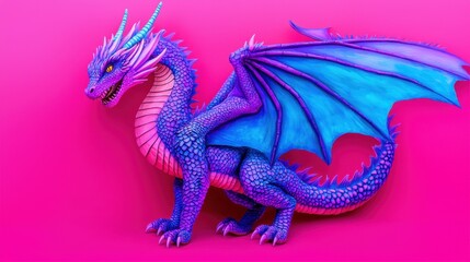 Fototapeta premium Watercolor texture and vibrancy, A vibrant, fantasy dragon in shades of purple and blue, set against a bright pink background, showcasing intricate details and a whimsical design.