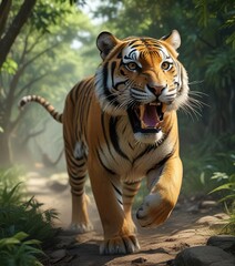 Obraz premium Bengal tiger's swift movement as it chases down its prey in the dense jungle, action, movement, chase