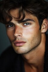 Fototapeta premium Close up portrait of a young man with striking features and tousled hair, showcasing natural beauty and captivating green eyes in a soft lighting environment