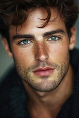 Fototapeta premium Young man with captivating blue eyes and tousled hair poses softly against a neutral background while showcasing a natural look and subtle expression