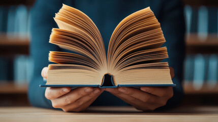 Fototapeta premium person holding open book with pages fanned out, showcasing text inside. background features blurred bookshelves, creating cozy reading atmosphere