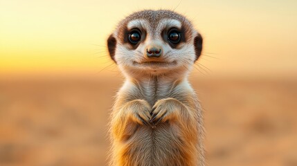 Fototapeta premium A cute meerkat stands upright, gazing curiously into the distance against a warm sunset background.