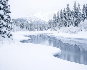 Serene winter landscape featuring a frozen river surrounded by snow-covered trees in a peaceful mountain setting
