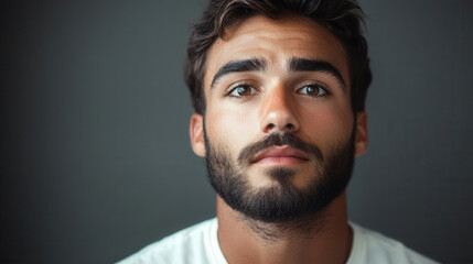 Fototapeta premium Young man with dark hair and beard gazes thoughtfully at the camera against a dark background