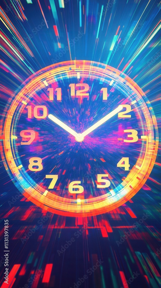 Poster brightly lit clock with vibrant colors and motion blur effect, capturing the passage of time in an a