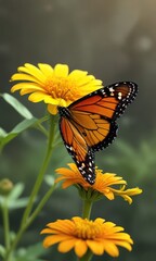 Obraz premium delicate monarch butterfly perched on a bright yellow zinnia flower stem , monarch butterfly, insect, summer garden