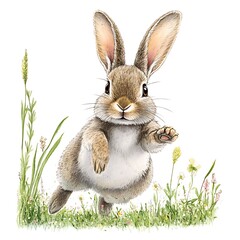 Fototapeta premium A playful rabbit hopping through a meadow, isolated on a white background.