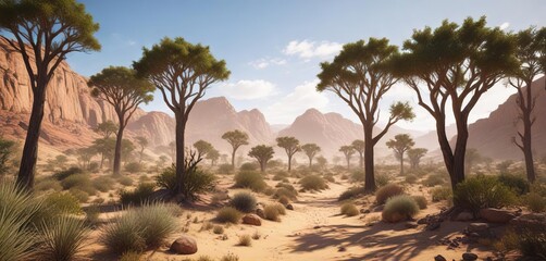 Desert landscape with towering trees in dense thicket, chacoforest, thick vegetation