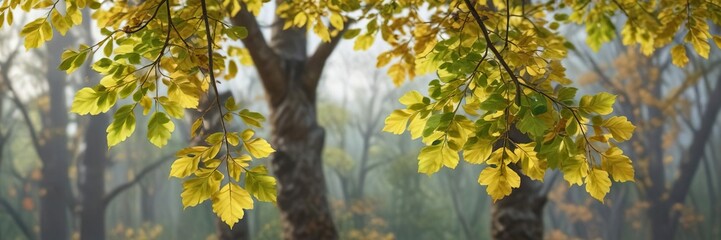 Obraz premium Detailed branch with green leaves on a sturdy alder tree in autumn, nature, autumnal colors, seasonal change