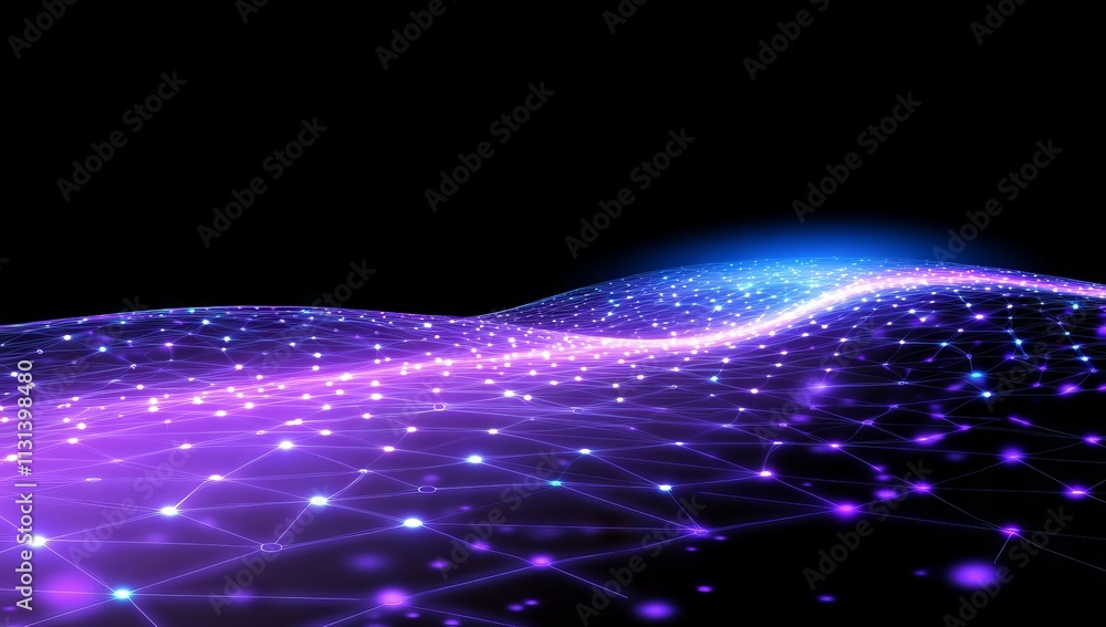Poster abstract blue glowing low-poly background with dots and lines forming a wave shape