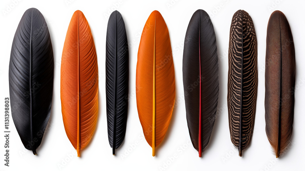 Poster Feathers in Flight: A minimalist composition of seven feathers, each with unique patterns and textures, evokes a sense of elegance and tranquility. The arrangement suggests a delicate balance.
