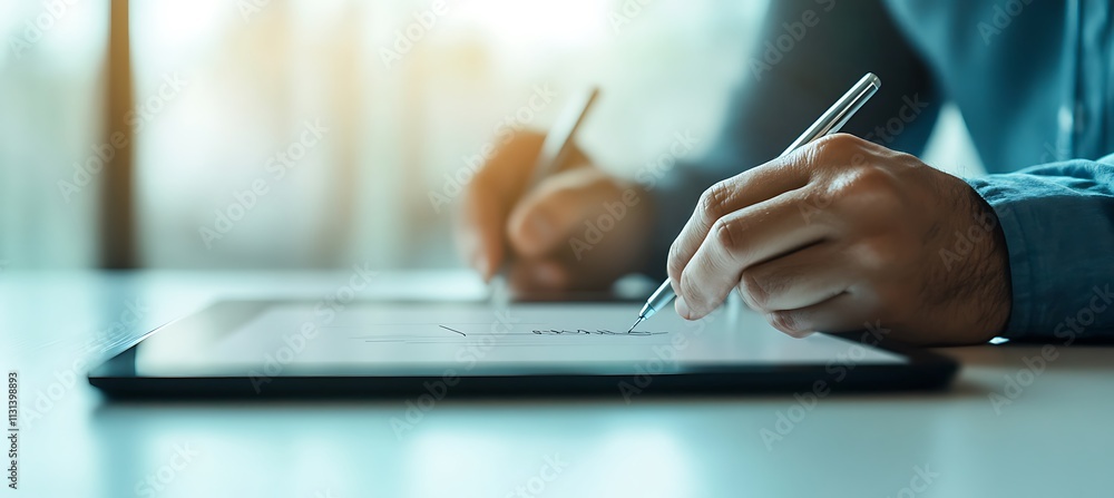 Poster a close-up of a business contract being signed electronically on a tablet, with a focus on the signa