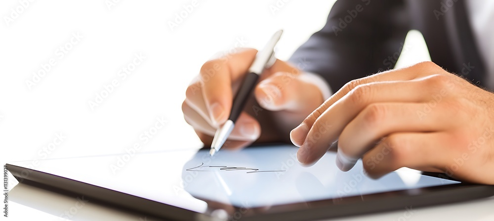 Poster a close-up of a business contract being signed electronically on a tablet, with a focus on the signa