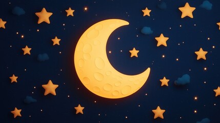 Naklejka premium A whimsical scene featuring a crescent moon surrounded by stars and clouds against a deep blue night sky.