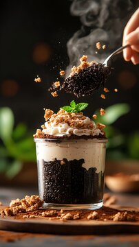 Vietnamese sua chua nep cam, black sticky rice yogurt dessert in a glass jar, Southeast Asian dessert, modern yet authentic