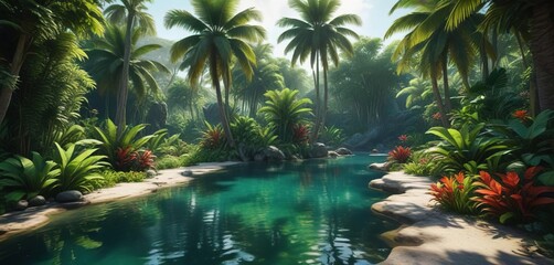 Fototapeta premium Lush greenery and exotic plants surround a tranquil tropical lagoon, lush vegetation, serenity , wildlife viewing