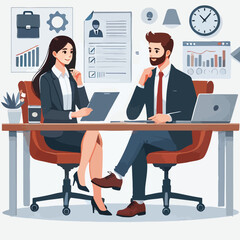 Obraz premium Partners meeting for business discussion with documents and laptop on desk. Couple at round table, speaking, discussing work, partnership. Flat vector on a white background