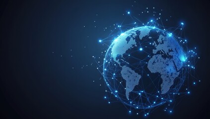 Fototapeta premium A digital globe with blue glowing connections around it, representing a global network and connectivity on a dark background Generative AI