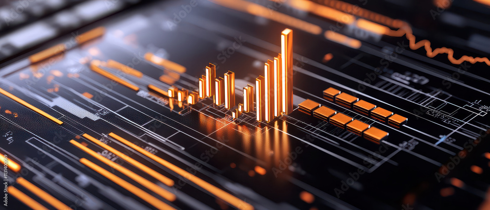 Aufkleber futuristic data visualization with glowing orange bars and lines