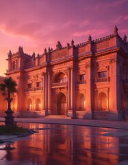 Palace with vibrant orange and pink hues in the fading sunset, vibrant light, pink color, architectural details
