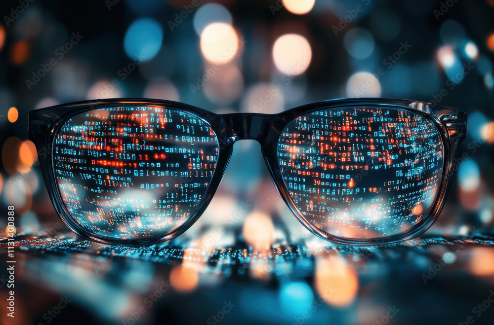 Fototapete glasses sit on a surface, displaying vibrant binary code and data patterns reflected in the lenses, 